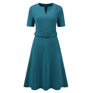 Women's A-Line Dress Short Sleeve Split Neck Belted Midi Dresses Peacock Blue